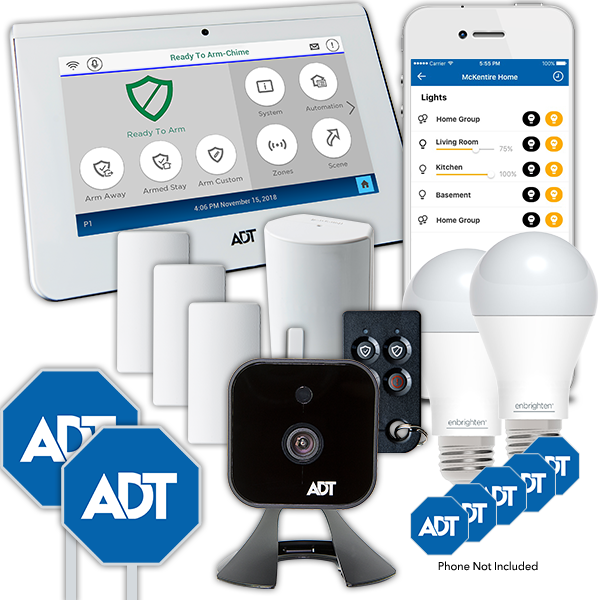 Video + Automation package comes with control panel, 3 doors, 1 motion, 1 keyfob, 1 Indoor Camera, 2 smart light bulbs, 2 yard signs, 5 window stickers